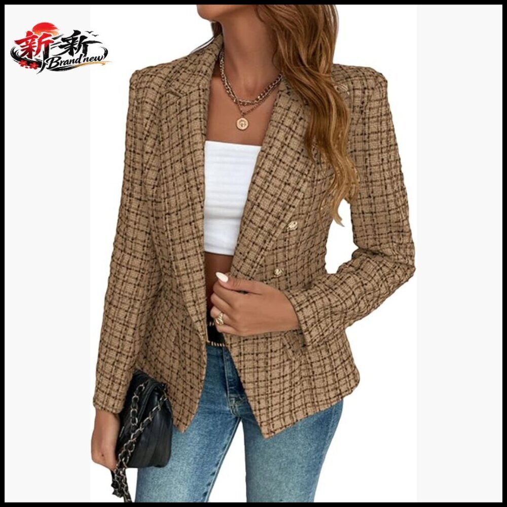 Polyester Blend Tweed Plaid Blazer Double Breasted Fully Lined with Pockets